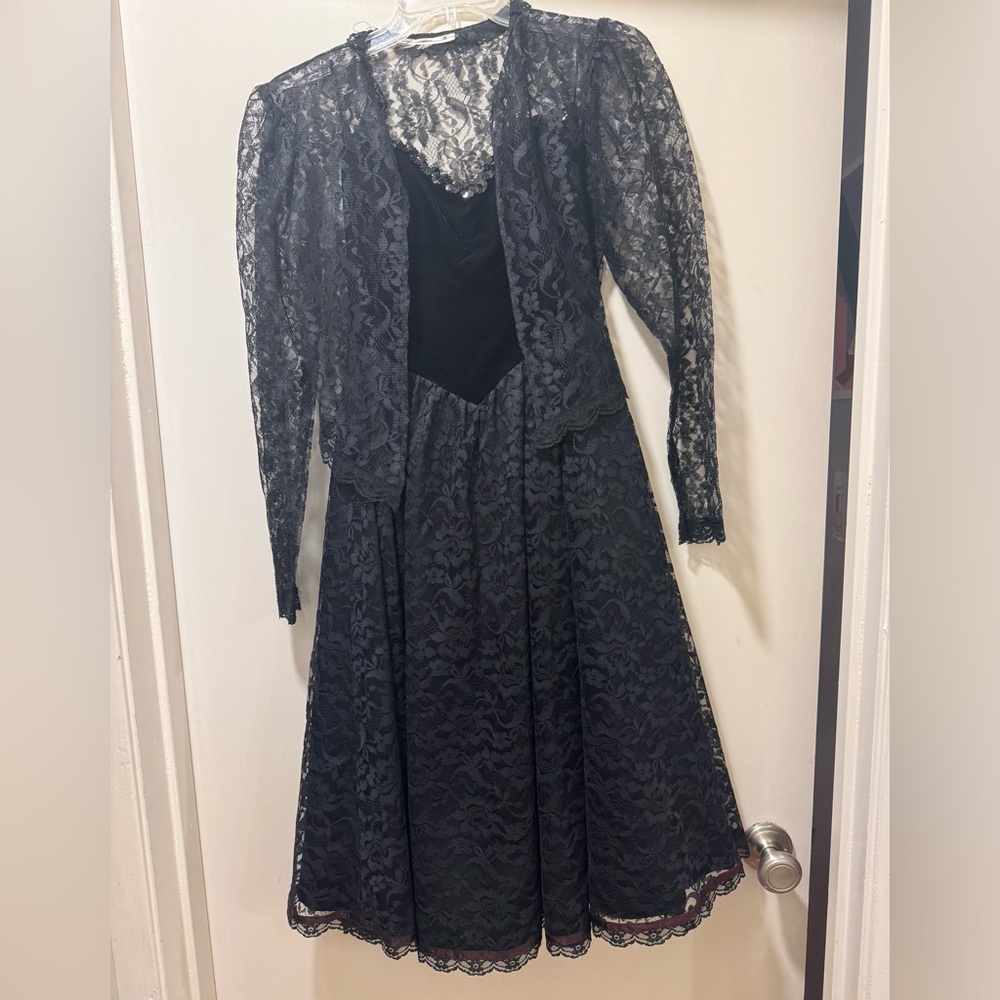 Vintage Gunne Sax Black Lace Velvet Dress Sz 3 Whimsigoth Dark Romantic Formal